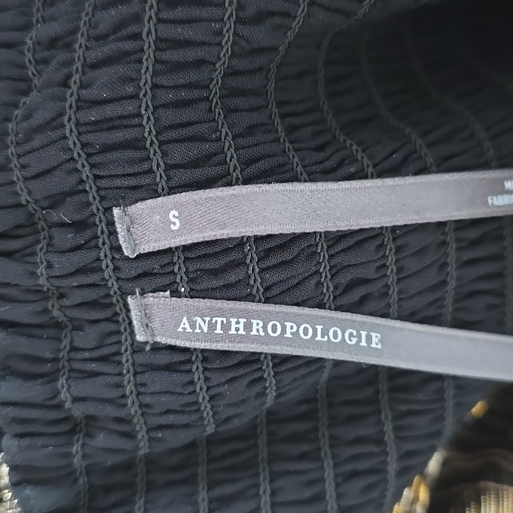 By Anthropologie Long-Sleeve Metallic Babydoll Midi Dress,XXS,XS &S, Gold&Black - Picture 16 of 16